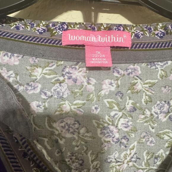 Woman Within Top 1X Purple Floral Blouse Babydoll Boho Peasant 22/24 - Picture 3 of 8